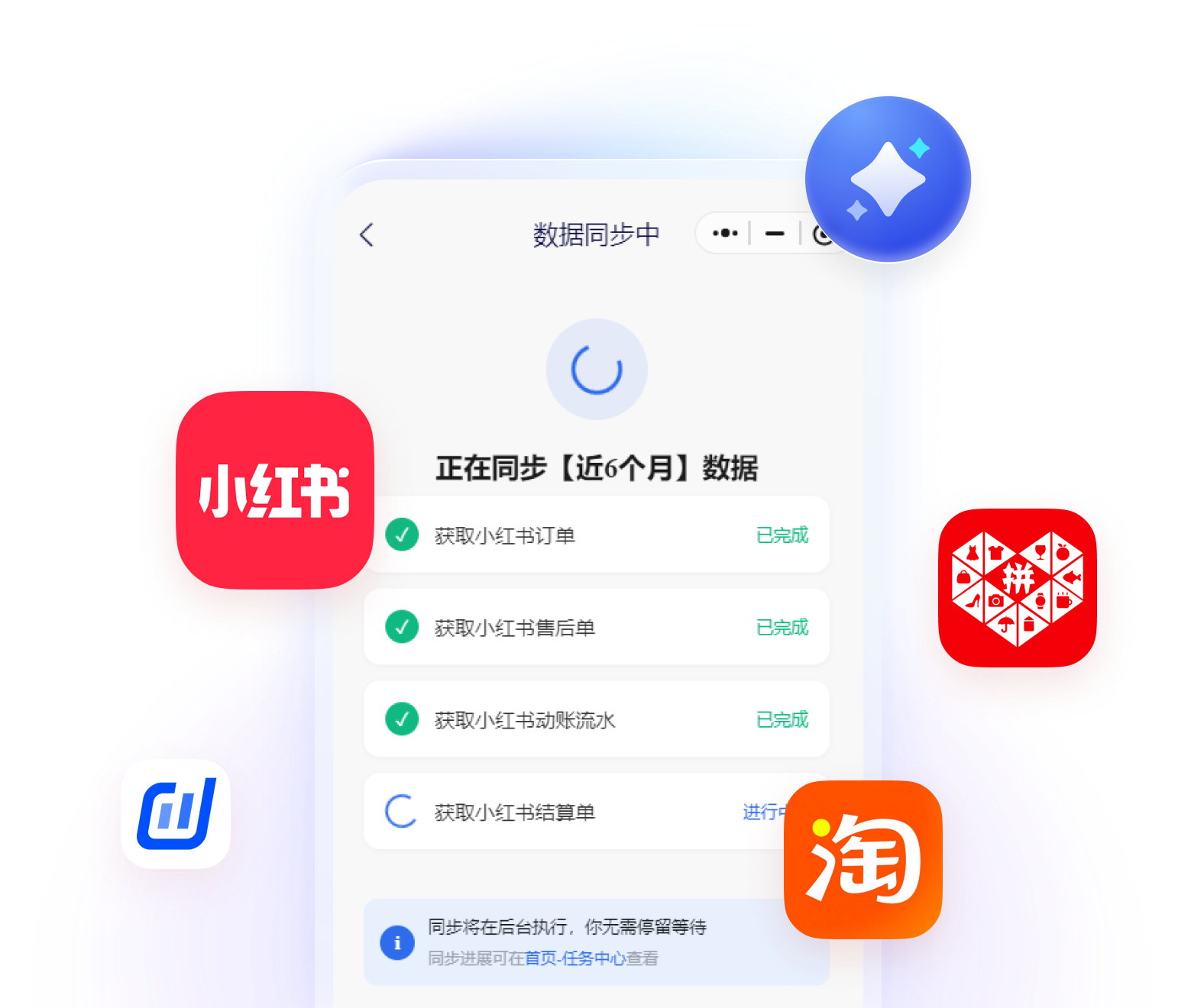 小蝶记账小程序自动同步小红书、拼多多、淘宝、精斗云平台订单数据的界面示意